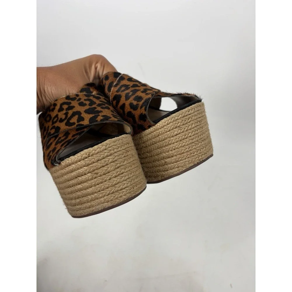 Schutz Lora Leopard Calf Hair Platform Espadrille Mule Heels Womens 7 Chunky